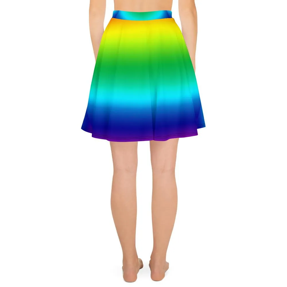 Rainbow Women's Skater Skirt, Bright Horizontal Rainbow Ombre Skater Skirt- Made in USA/EU