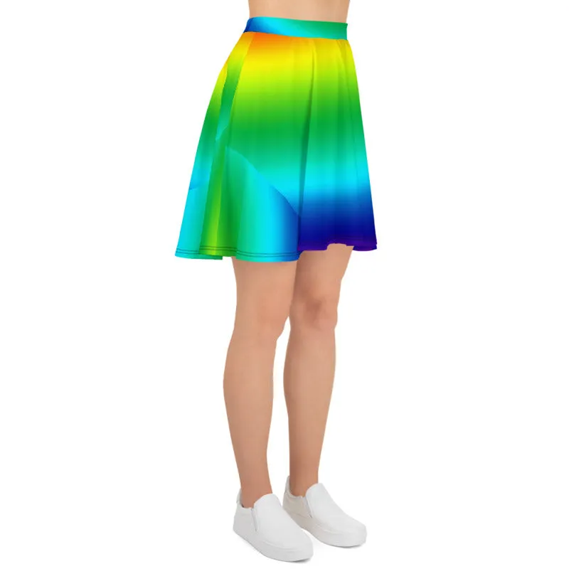 Rainbow Women's Skater Skirt, Bright Horizontal Rainbow Ombre Skater Skirt- Made in USA/EU