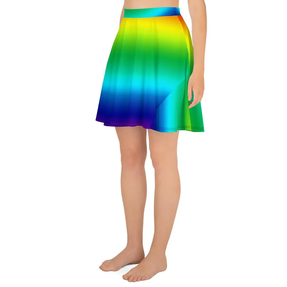 Rainbow Women's Skater Skirt, Bright Horizontal Rainbow Ombre Skater Skirt- Made in USA/EU