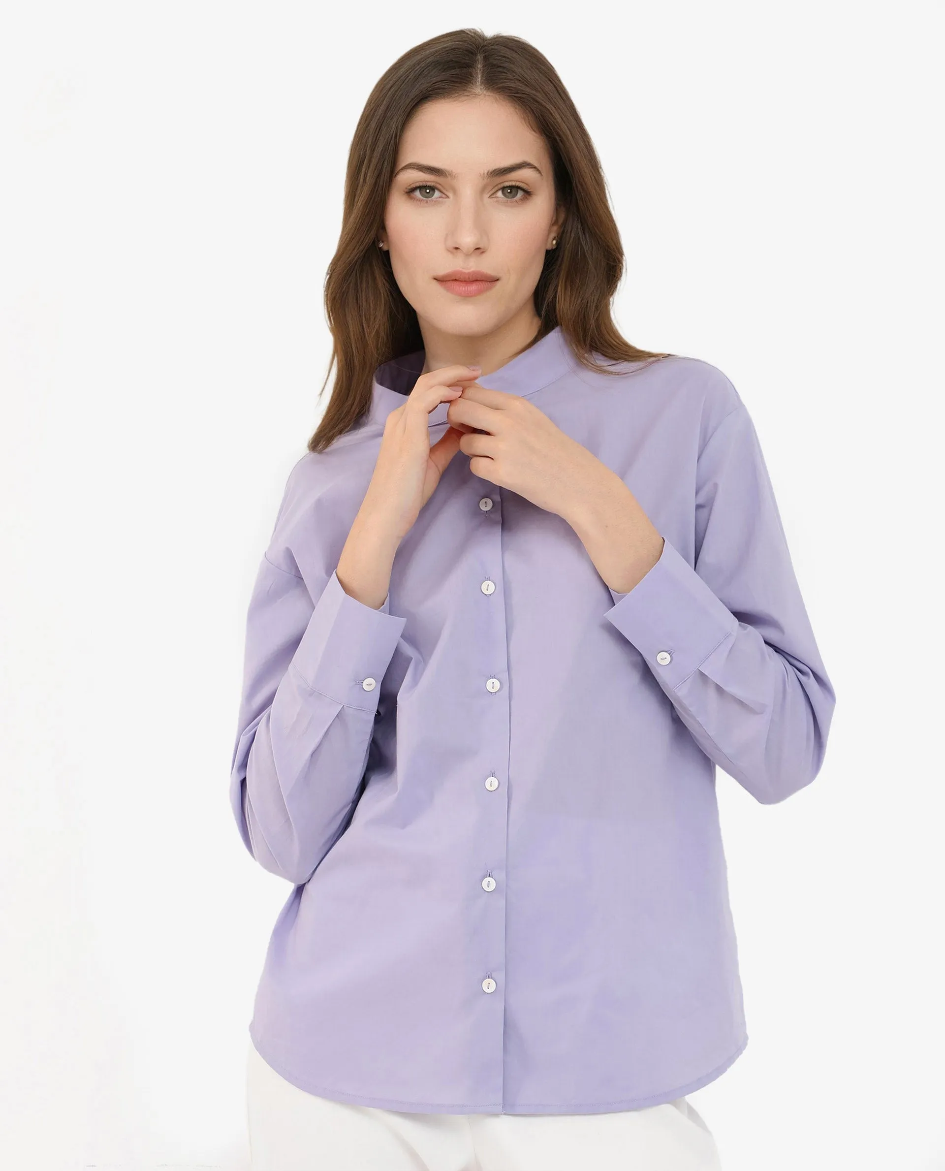 Rareism Women Aytac Light Purple Cotton Fabric Mandarin Collar Solid Shirt