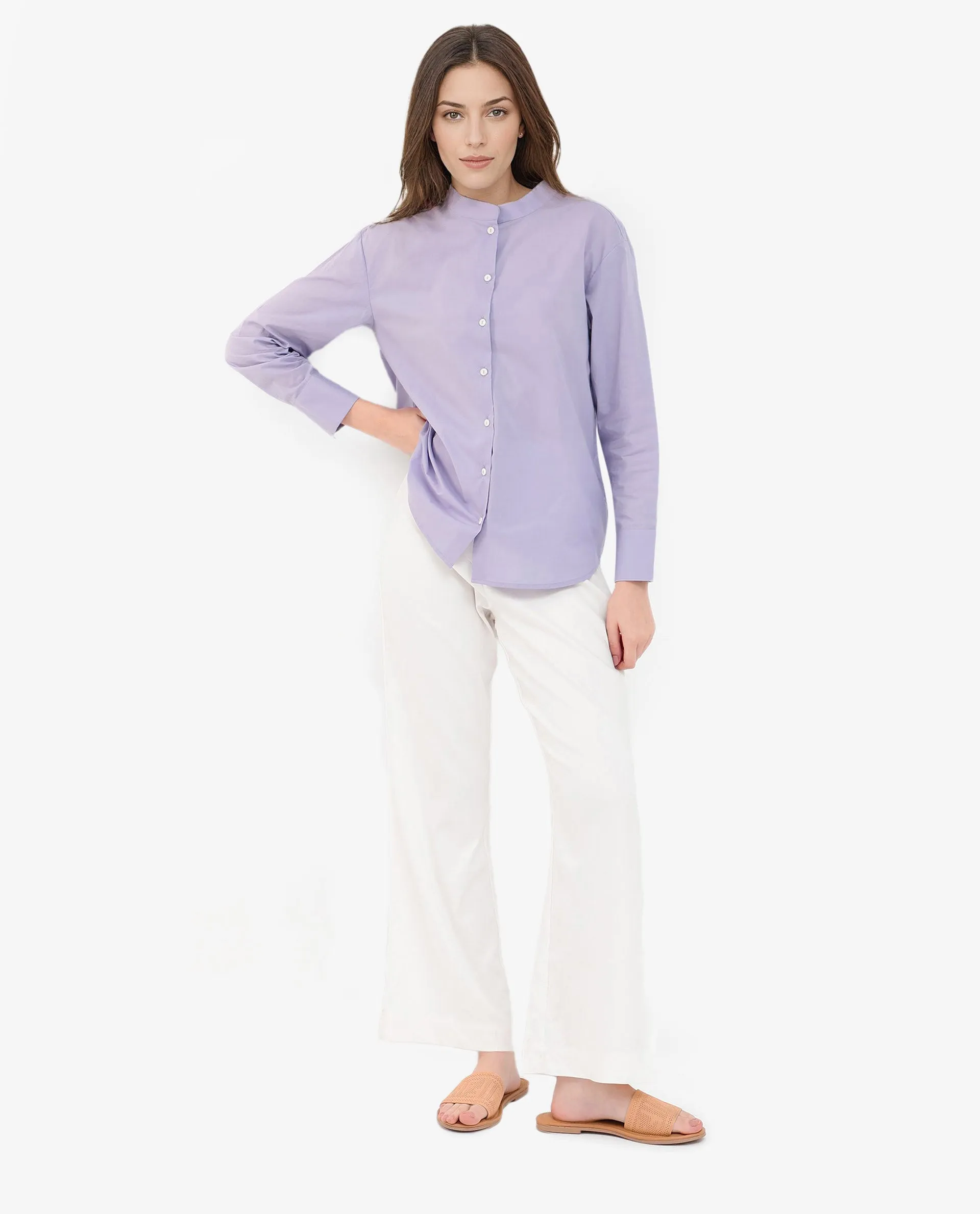 Rareism Women Aytac Light Purple Cotton Fabric Mandarin Collar Solid Shirt