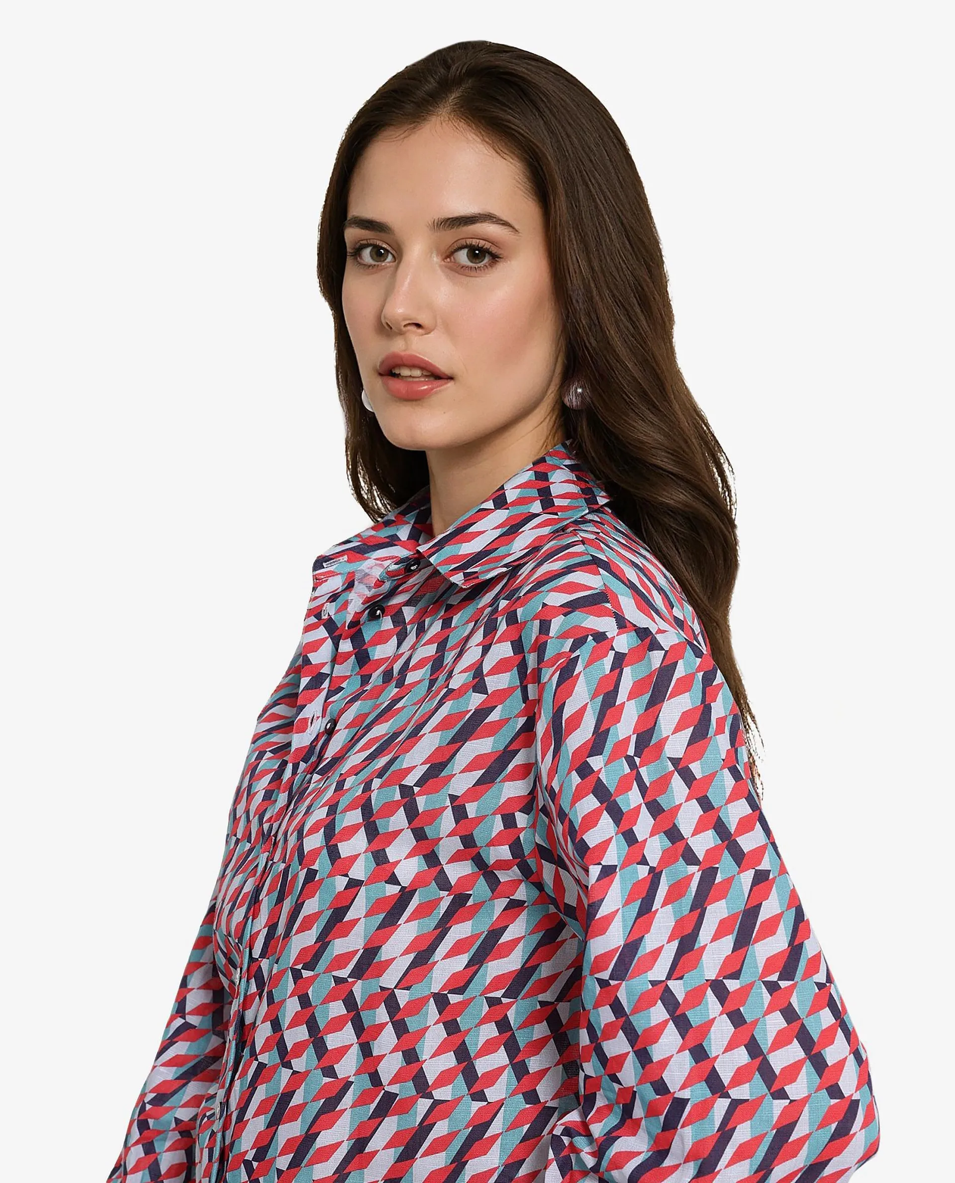 Rareism Women Luren Dark Multi Cuffed Sleeve Collared Neck Geometric Print Shirt