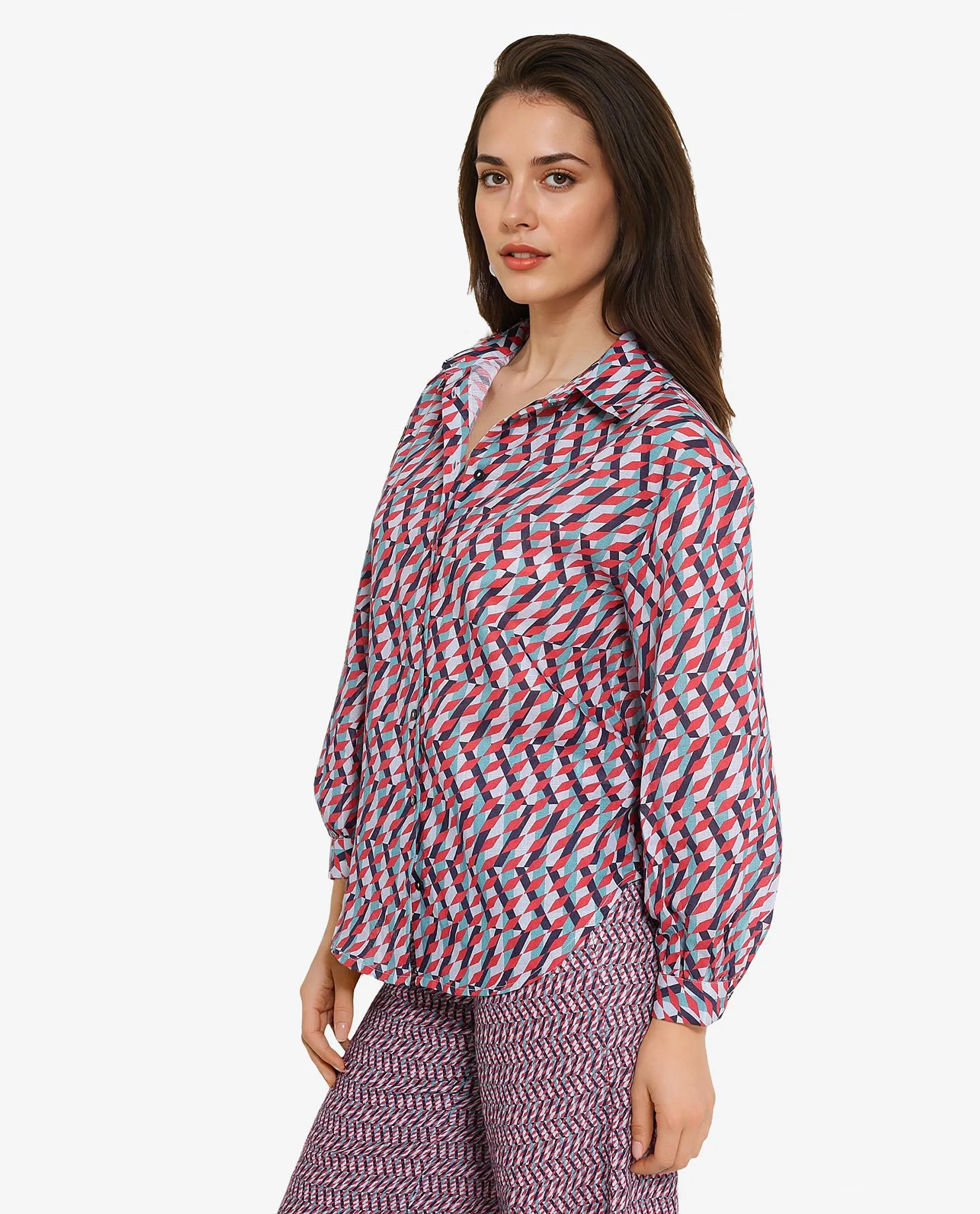 Rareism Women Luren Dark Multi Cuffed Sleeve Collared Neck Geometric Print Shirt