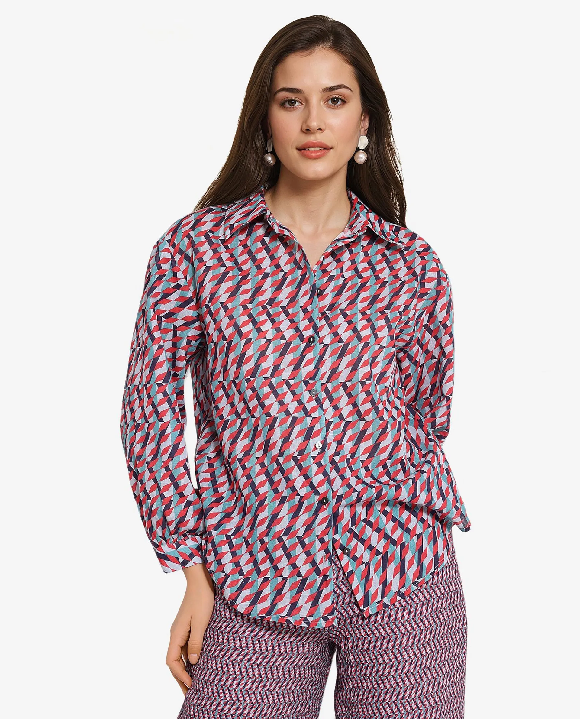 Rareism Women Luren Dark Multi Cuffed Sleeve Collared Neck Geometric Print Shirt