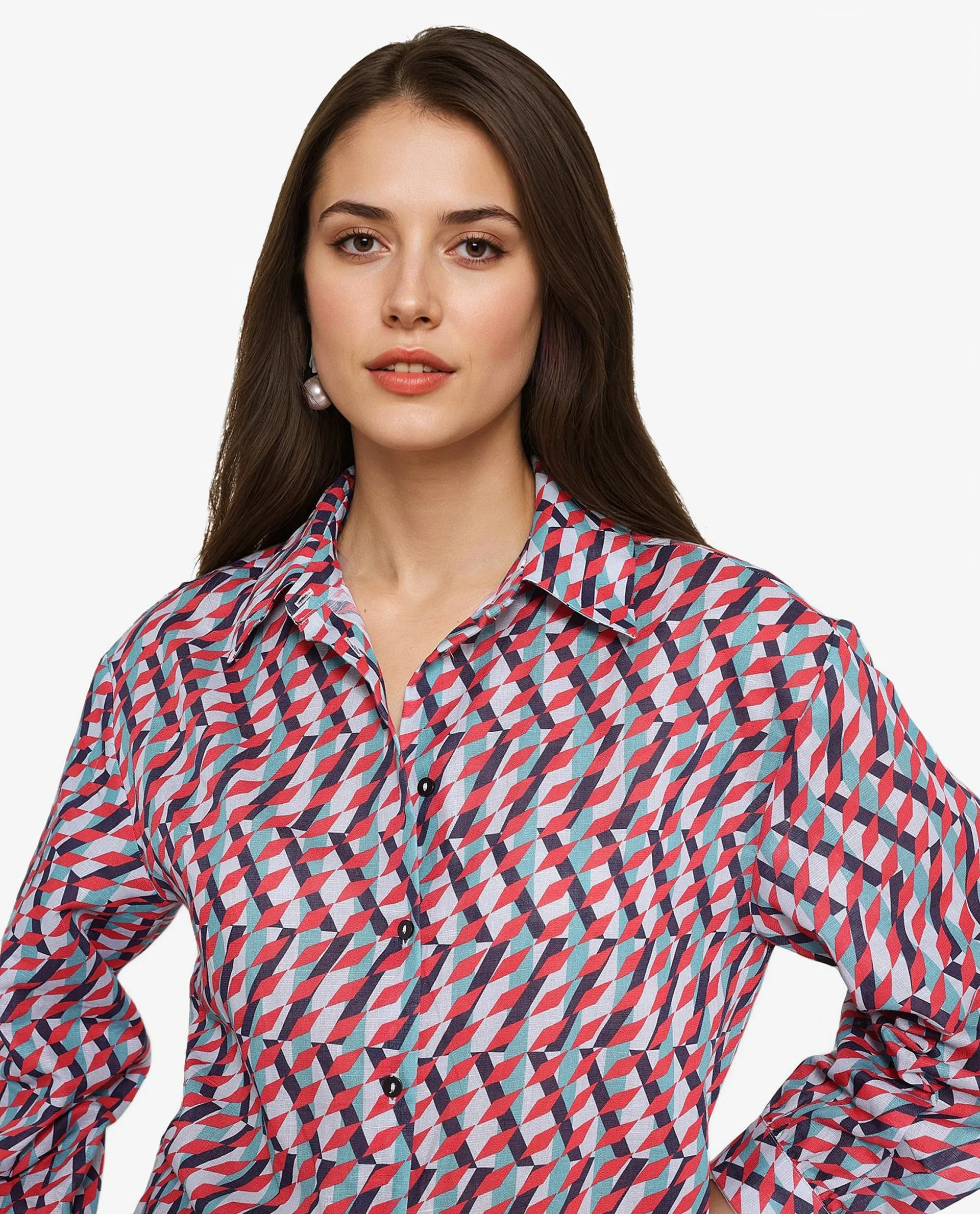 Rareism Women Luren Dark Multi Cuffed Sleeve Collared Neck Geometric Print Shirt