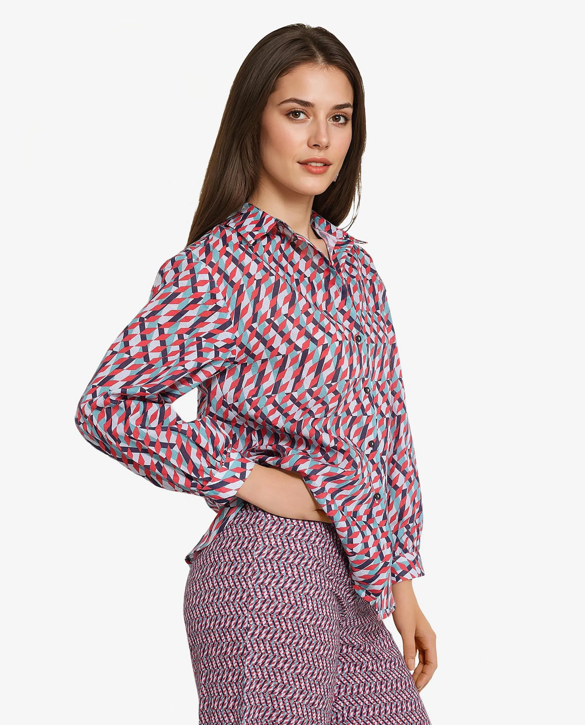 Rareism Women Luren Dark Multi Cuffed Sleeve Collared Neck Geometric Print Shirt