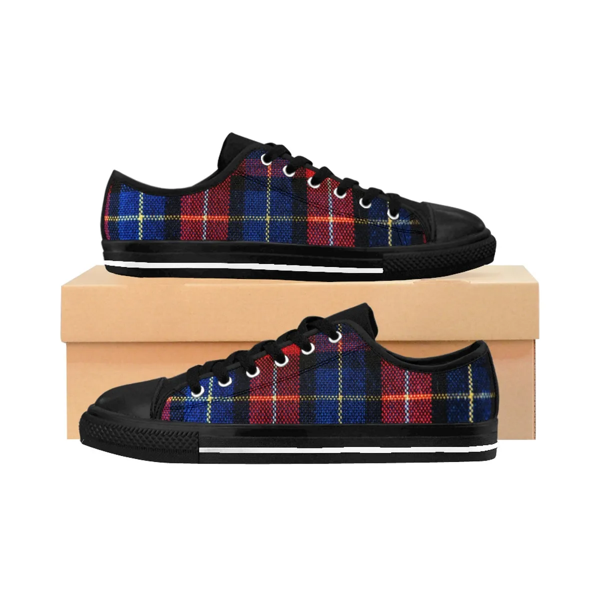 Red Blue Plaid Men's Sneakers, Red Classic Tartan Running Low Top Sneakers Best Winter Christmas Running Shoes For Men