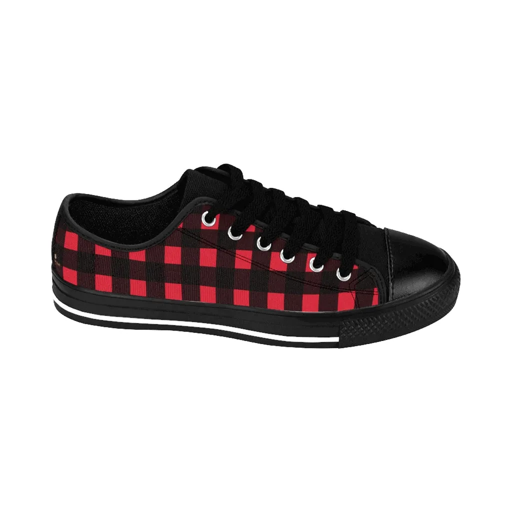 Red Buffalo Plaid Men's Sneakers, Best Red Plaid Print Classic Preppy Low Top Designer Shoes For Men (US Size: 7-14)