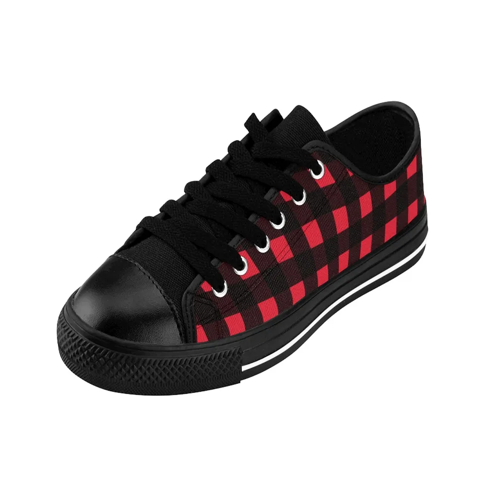 Red Buffalo Plaid Men's Sneakers, Best Red Plaid Print Classic Preppy Low Top Designer Shoes For Men (US Size: 7-14)