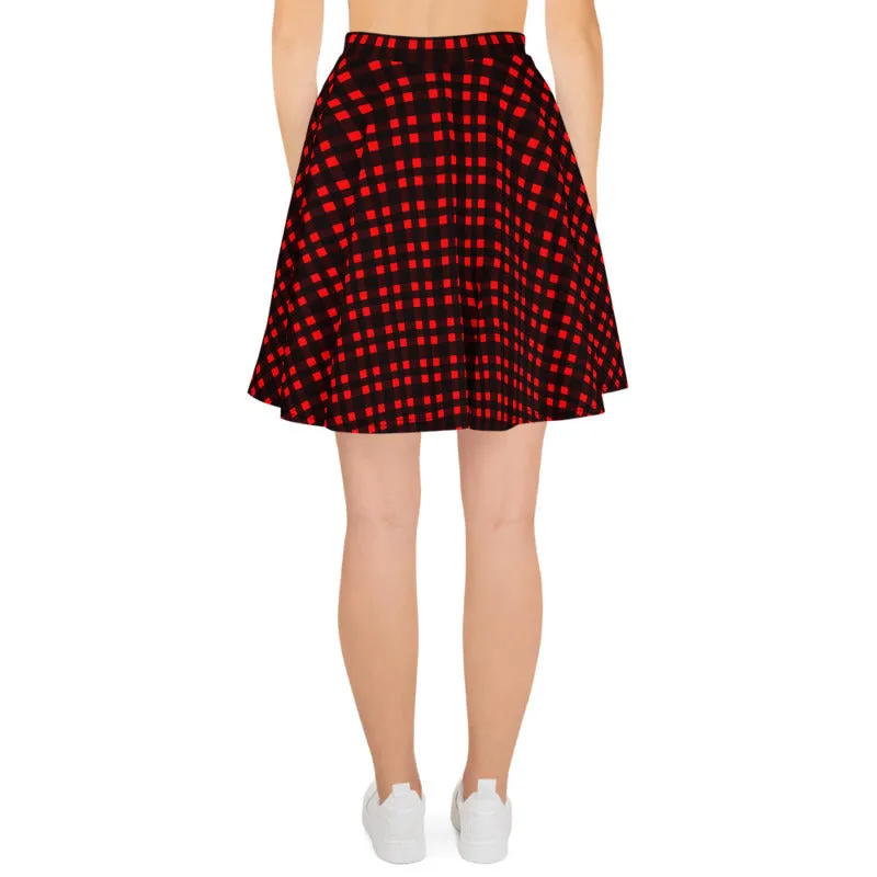 Red Buffalo Plaid Skater Skirt, Plaid Print Preppy Women's Tennis Skirts-Made in USA/EU