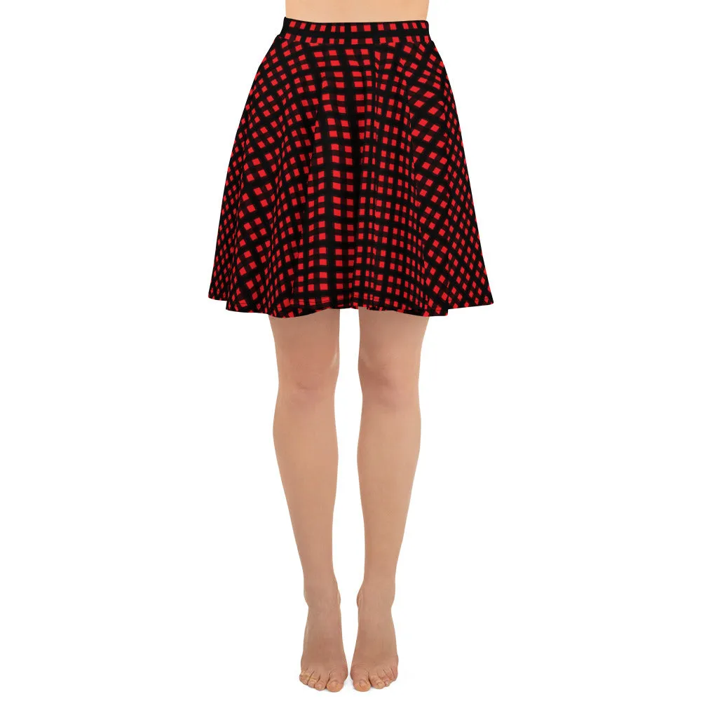 Red Buffalo Plaid Skater Skirt, Plaid Print Preppy Women's Tennis Skirts-Made in USA/EU