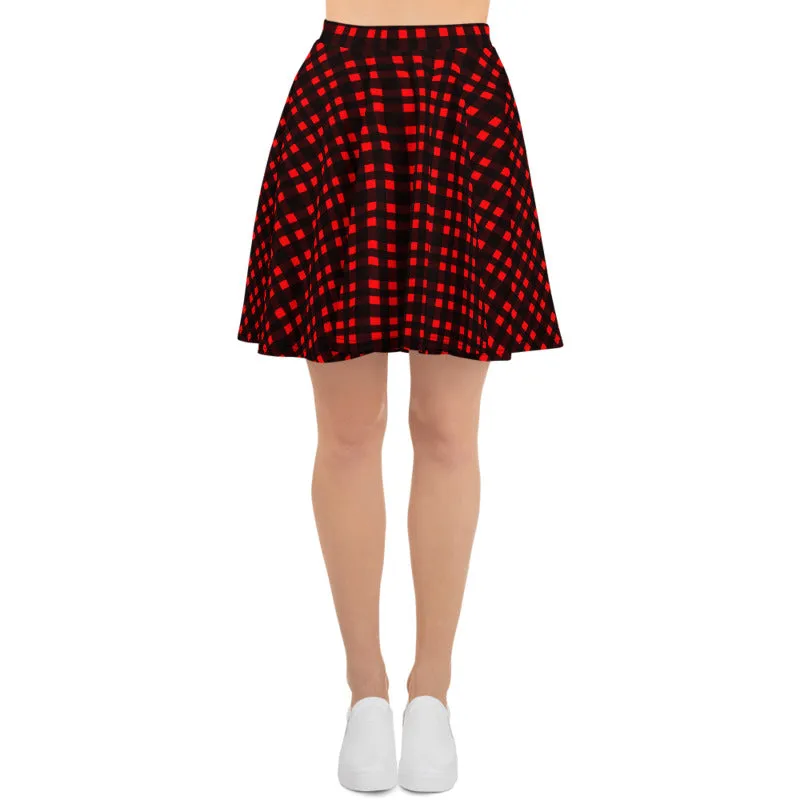 Red Buffalo Plaid Skater Skirt, Plaid Print Preppy Women's Tennis Skirts-Made in USA/EU