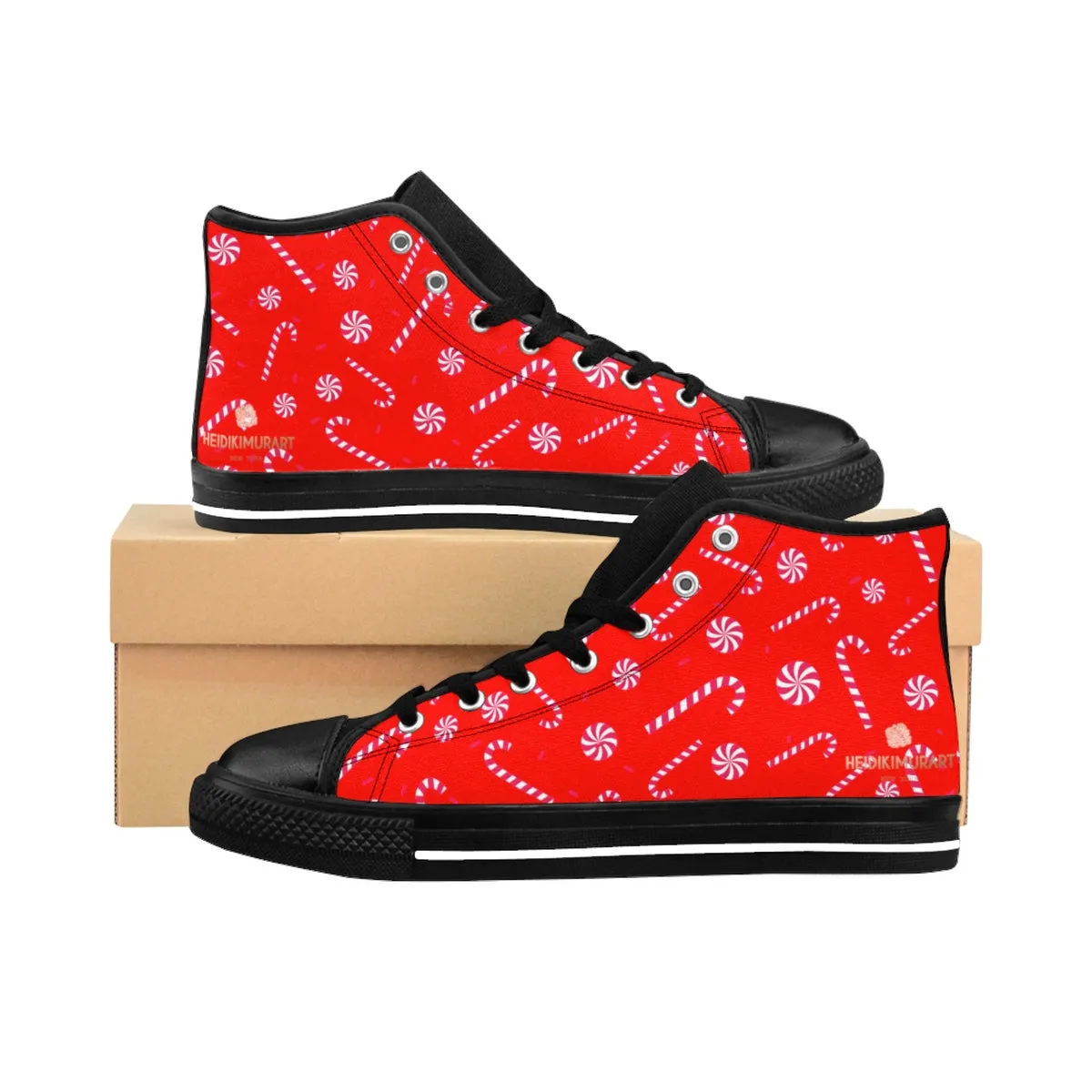 Red Christmas Men's Sneakers, Red White Candy Cane High-Top Running Shoes For Men