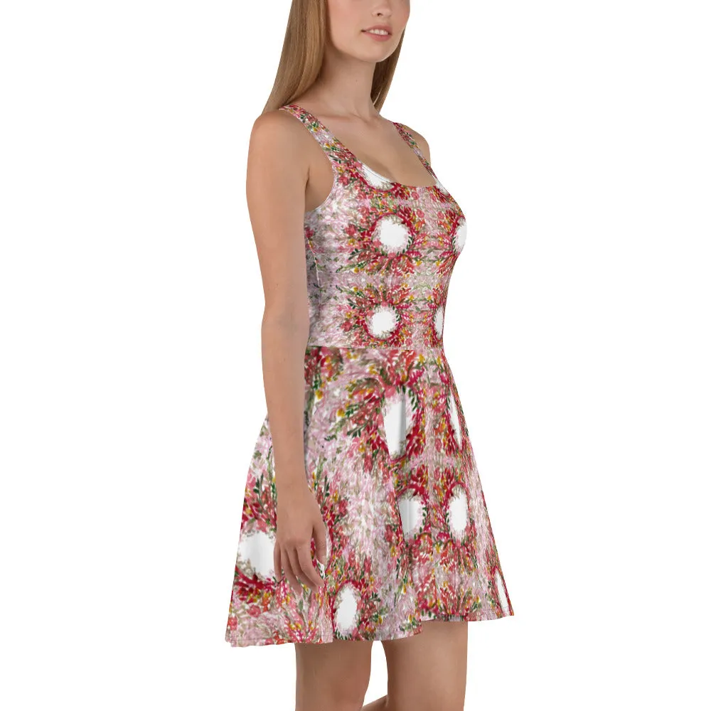 Red Floral Women's Skater Dress, Fall-Themed Flower Print Sleeveless A-line Dress-Made in USA/EU/MX