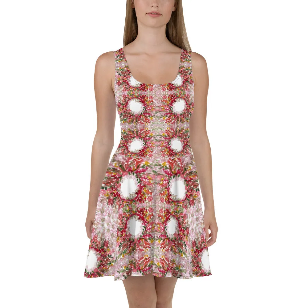 Red Floral Women's Skater Dress, Fall-Themed Flower Print Sleeveless A-line Dress-Made in USA/EU/MX