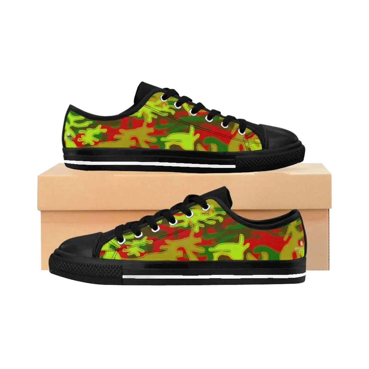 Red Green Camo Men's Sneakers, Red Green Camouflage Military Print Premium Men's Low Top Canvas Sneakers Shoes