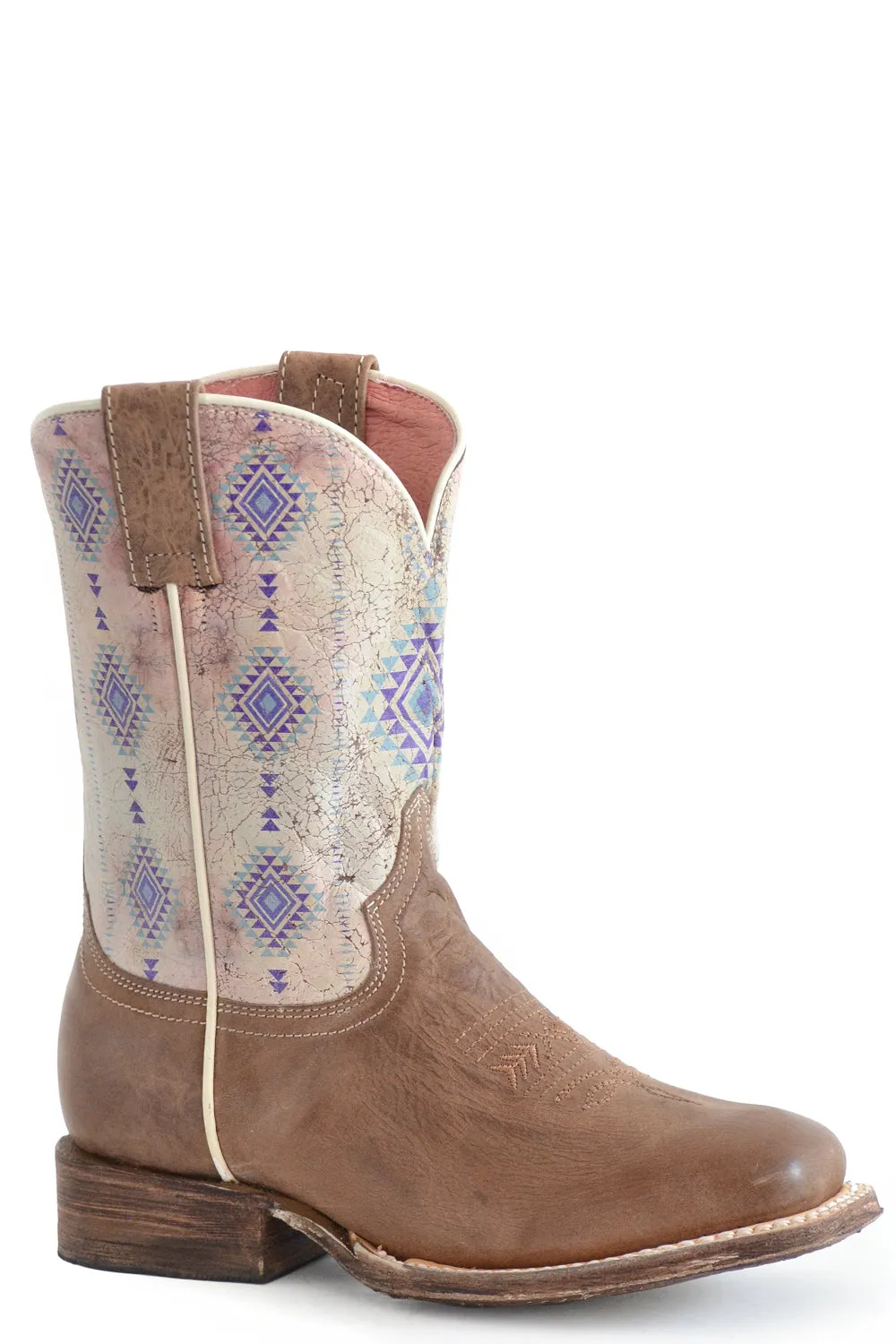 Roper Youth Girls Az Aztec Tan Leather Cowboy Boots