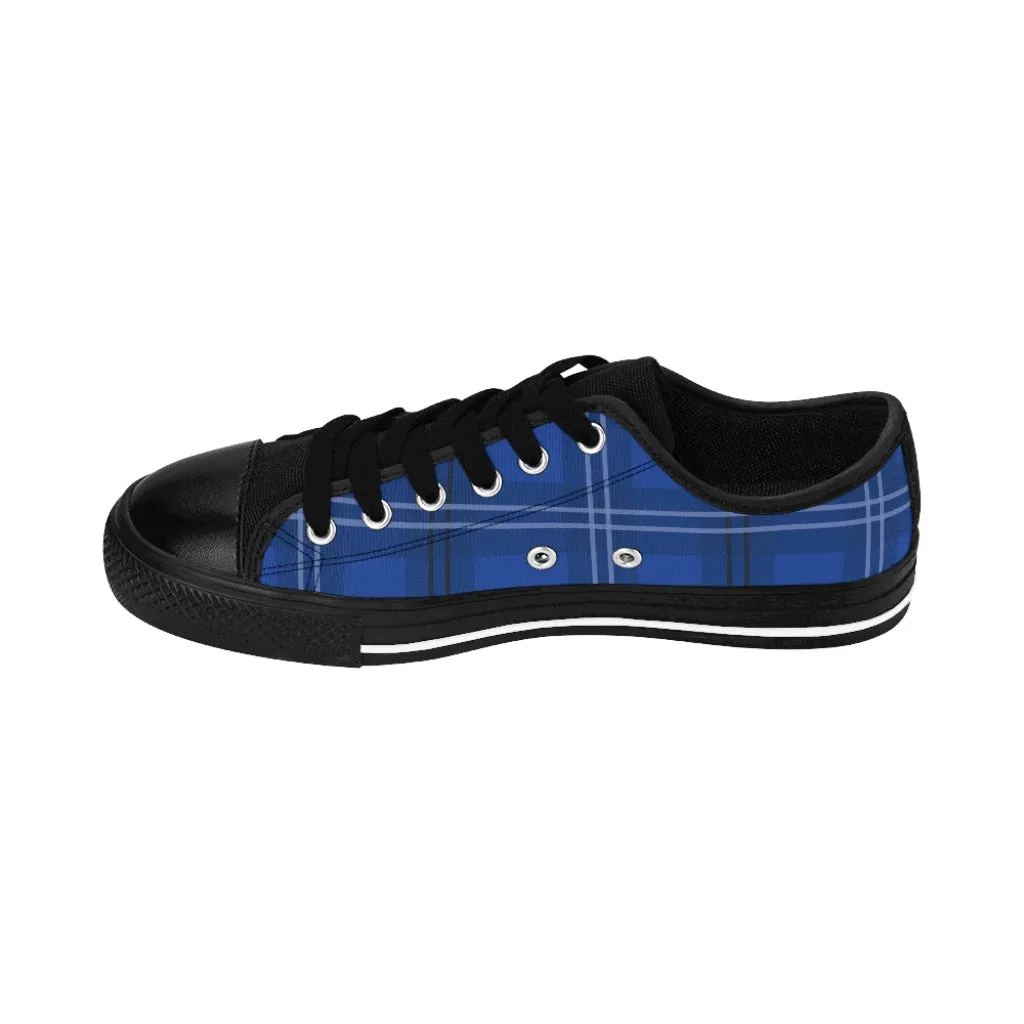 Royal Blue Plaid Women's Sneakers, Tartan Print Designer Low Top Fashion Fashion Tennis Shoes For Ladies