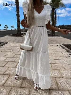 Sexy Hollow Backless Embroidery Dress Elegant V Neck Double Ruffle Sleeveless Long Beach Dress Women Fashion White Party Dresses