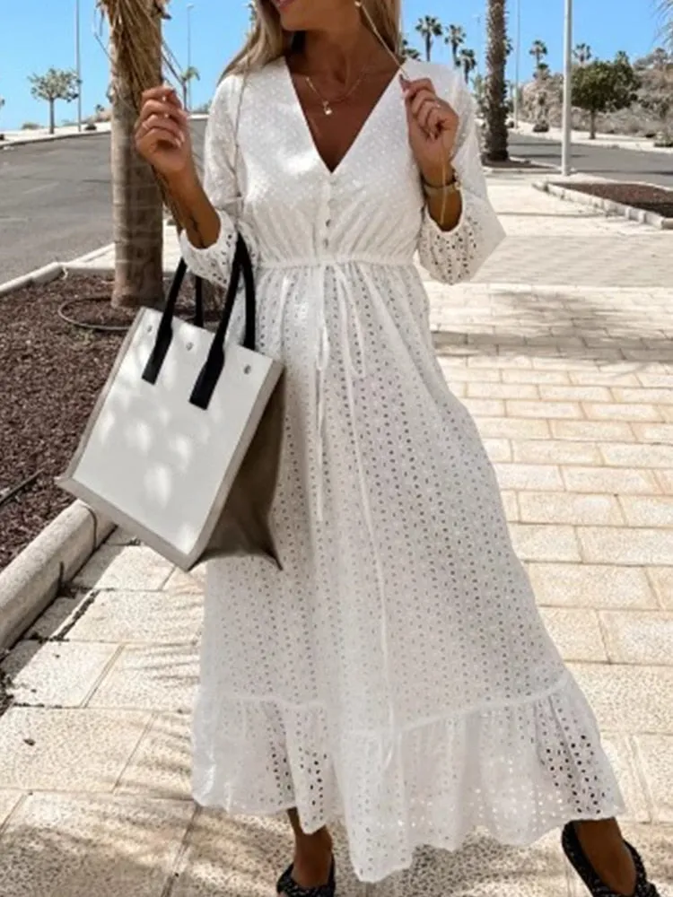 Sexy Hollow Backless Embroidery Dress Elegant V Neck Double Ruffle Sleeveless Long Beach Dress Women Fashion White Party Dresses