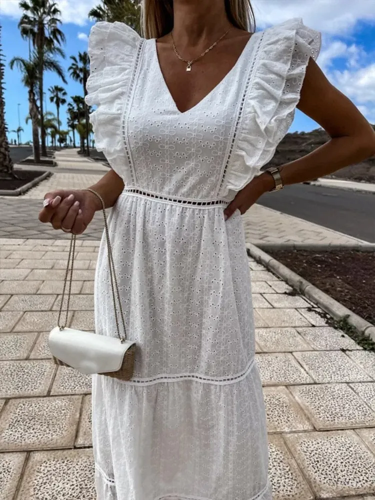 Sexy Hollow Backless Embroidery Dress Elegant V Neck Double Ruffle Sleeveless Long Beach Dress Women Fashion White Party Dresses