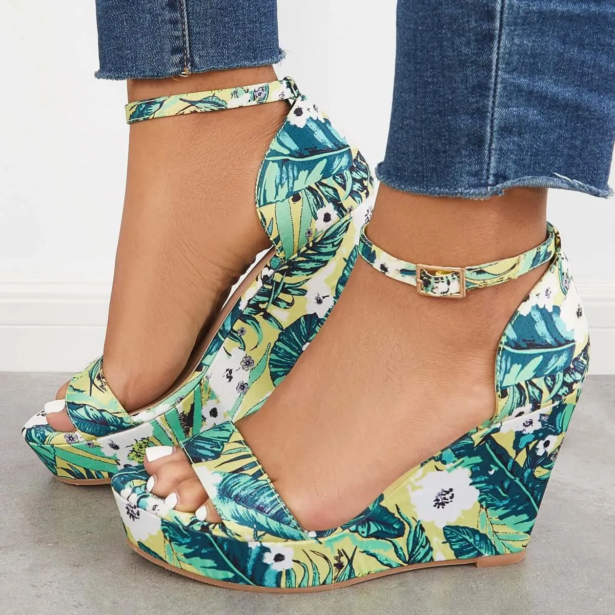 Sohiwoo Women Printed Floral Style Platform Wedges Ankle Strap Sandals