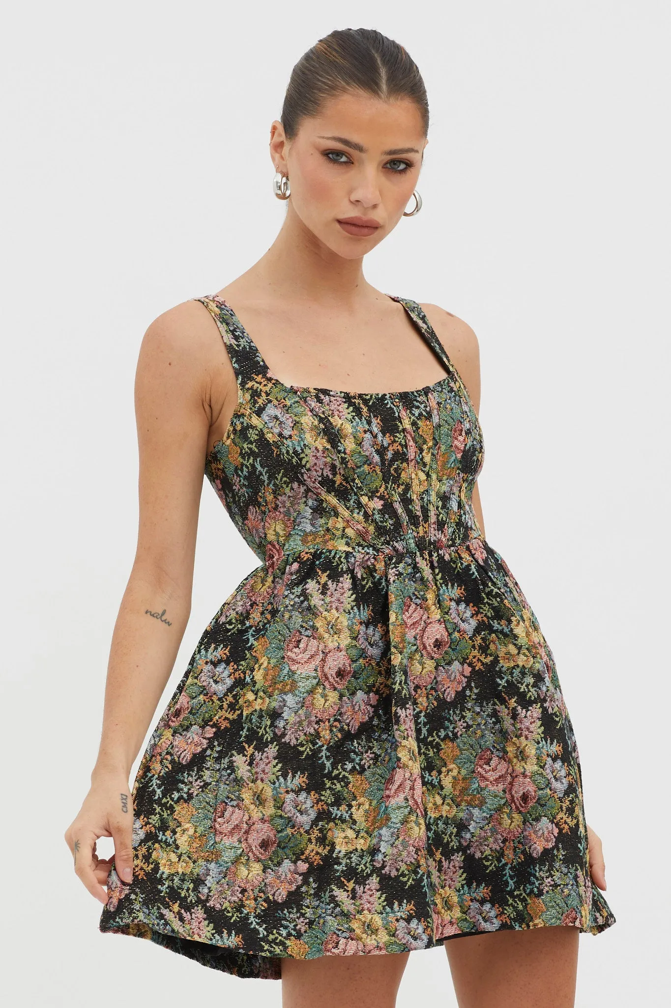 Strong Feelings A-Line Floral Embroidery Dress Black