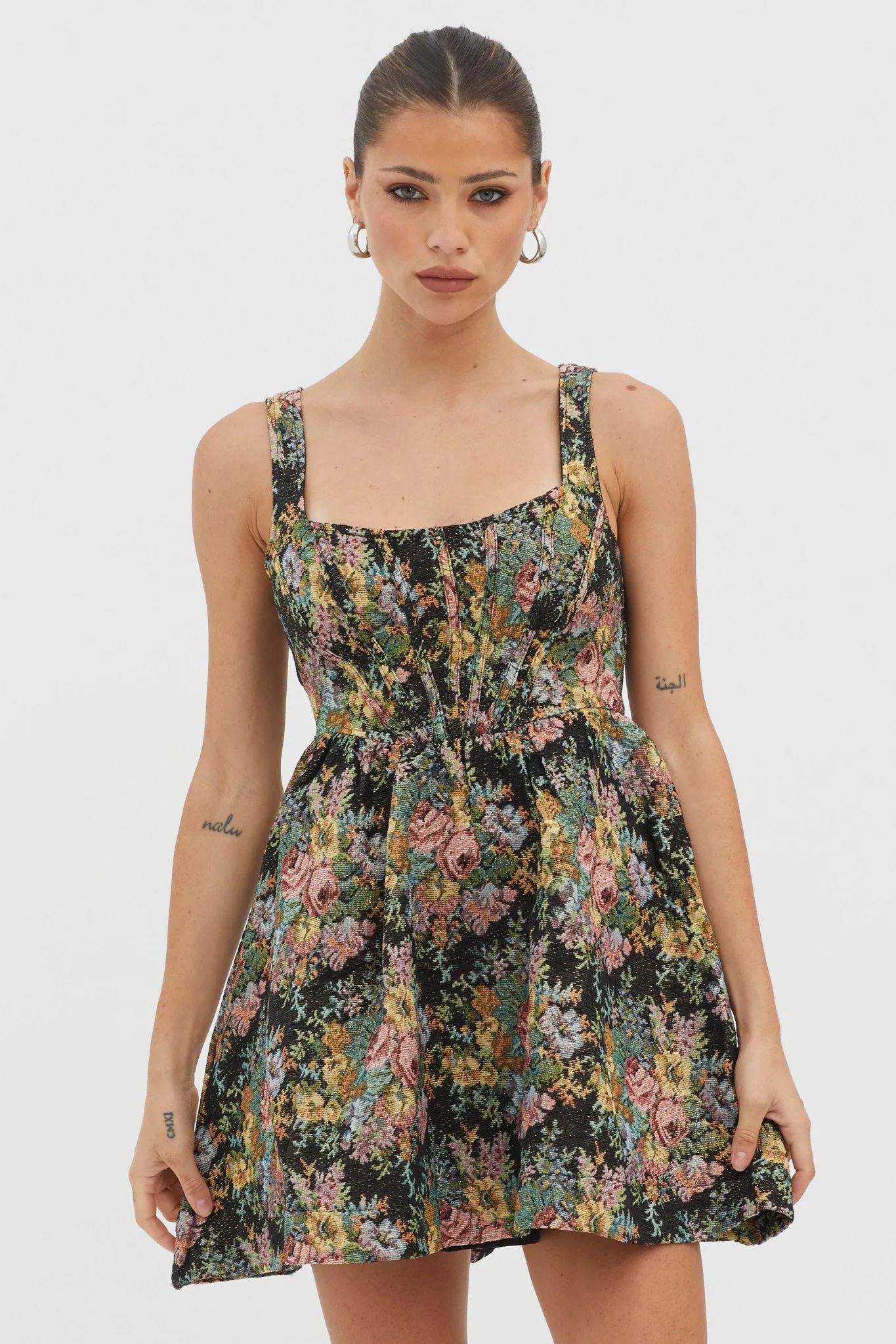 Strong Feelings A-Line Floral Embroidery Dress Black