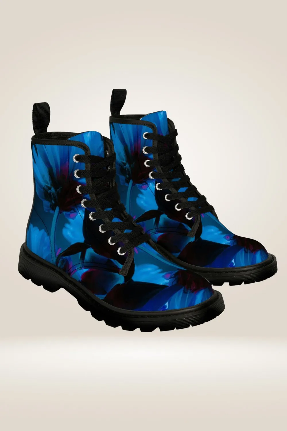 TGC Boutique Blue Flower Print Combat Boots - Black Sole