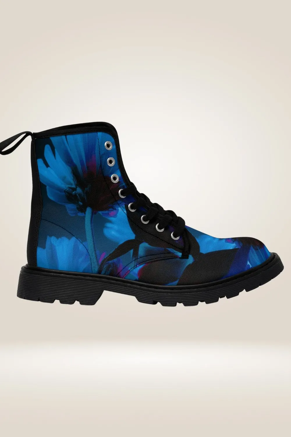 TGC Boutique Blue Flower Print Combat Boots - Black Sole