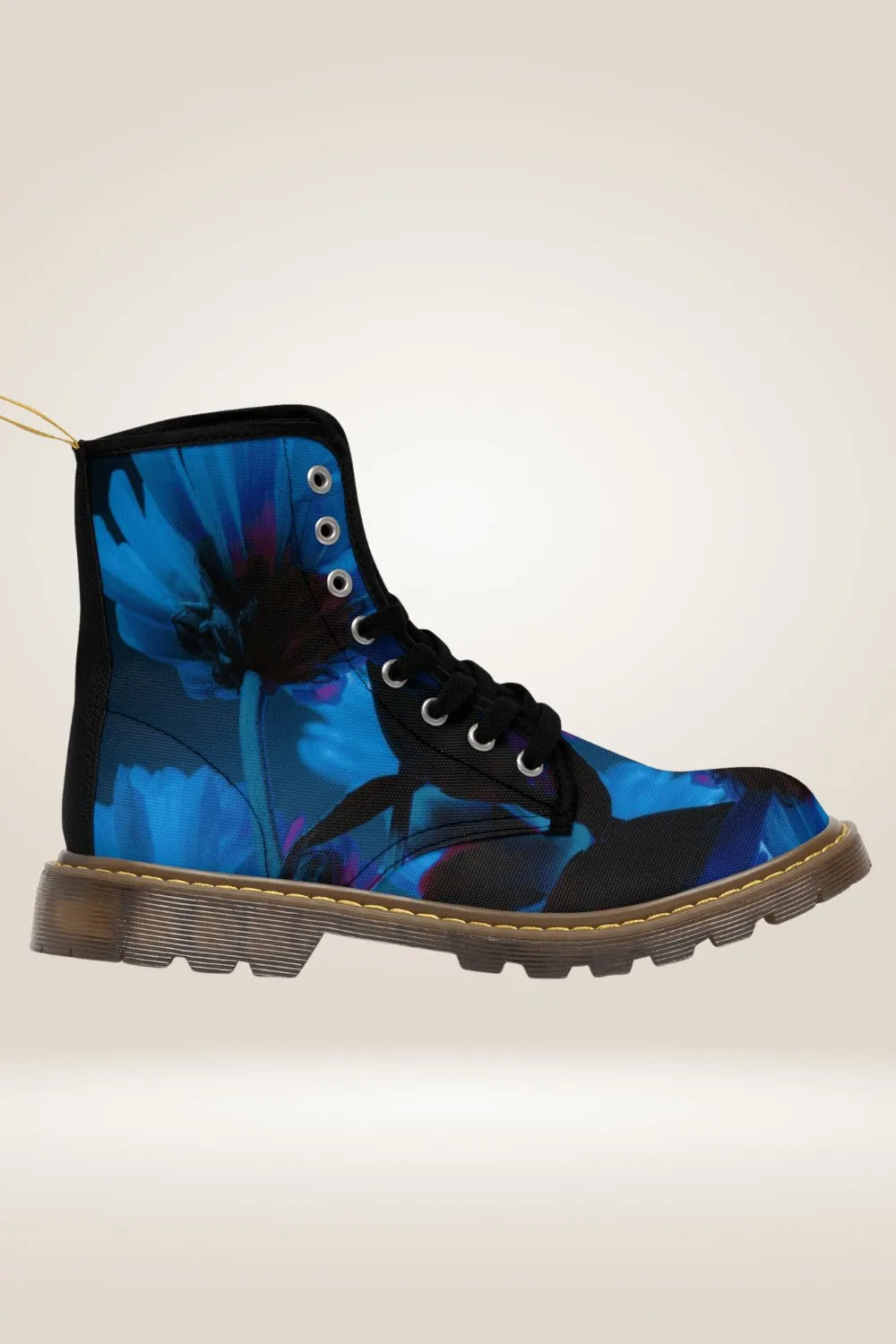 TGC Boutique Blue Flower Print Combat Boots - Brown Sole