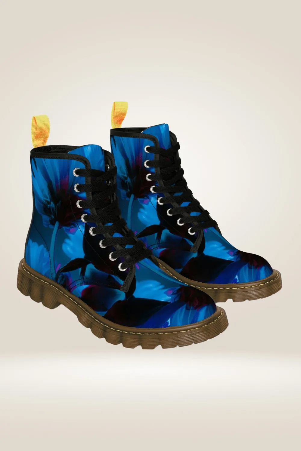 TGC Boutique Blue Flower Print Combat Boots - Brown Sole