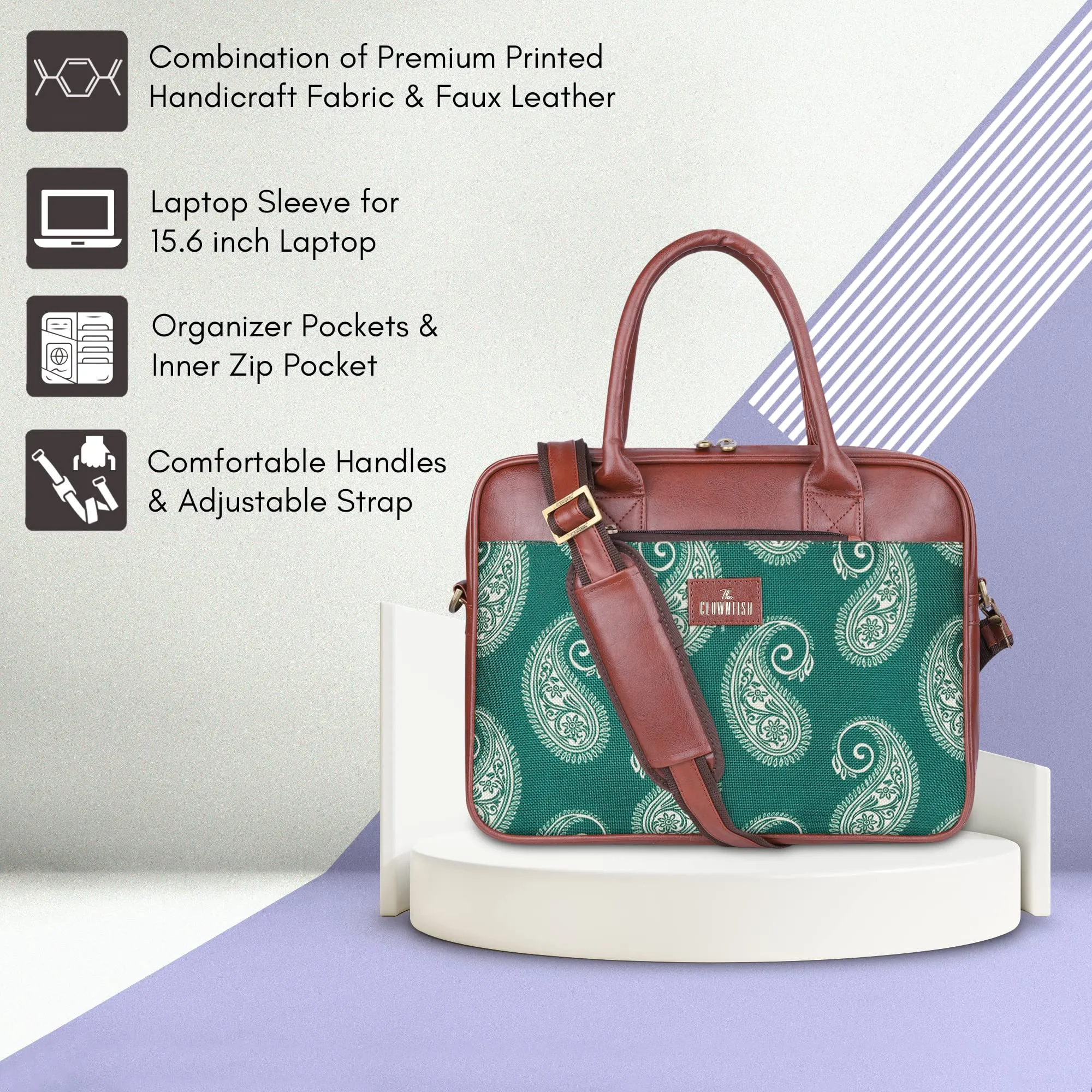 THE CLOWNFISH Deborah series 15.6 inch Laptop Bag For Women Printed Handicraft Fabric & Faux Leather Office Bag Briefcase Messenger Sling Handbag Business Bag (Fern Green)