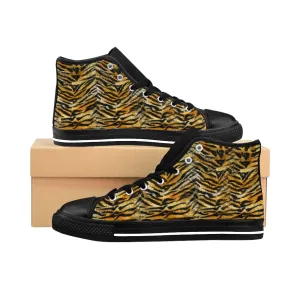 Tiger Striped Women's High Tops Sneakers, Striped Animal Print Running Shoes For Her