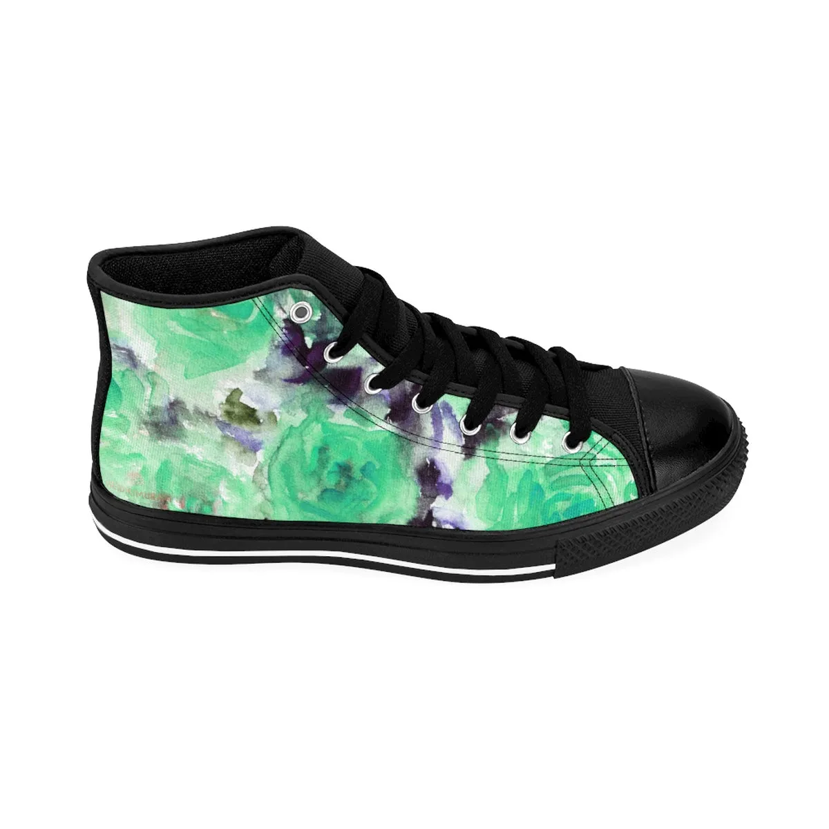 Turquoise Blue Floral Men's High Tops, Abstract Rose Print Designer High-top Sneakers Tennis Shoes