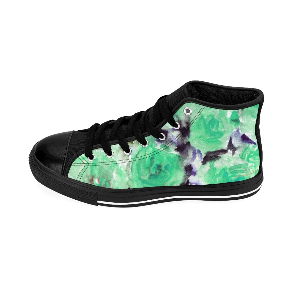 Turquoise Blue Floral Men's High Tops, Abstract Rose Print Designer High-top Sneakers Tennis Shoes