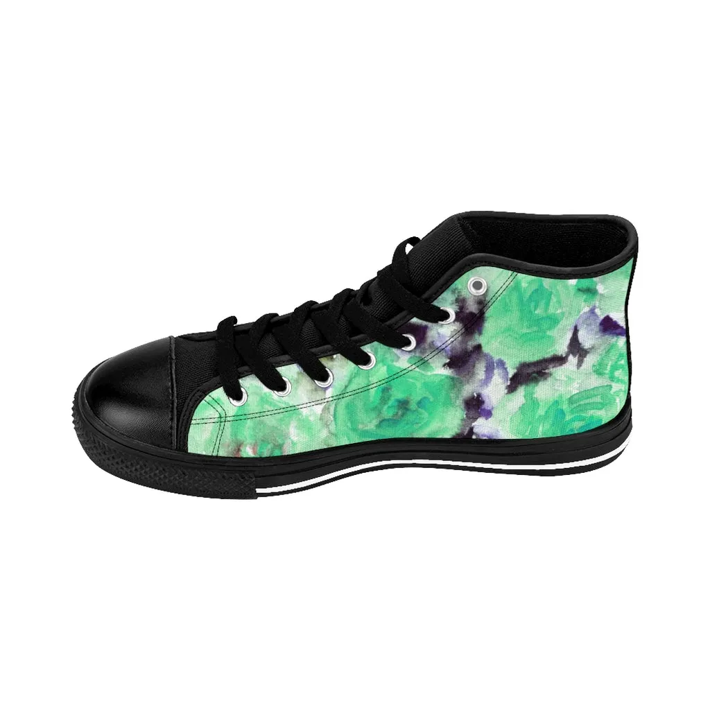 Turquoise Blue Men's High-top Sneakers, Floral Print Men's Designer Tennis Running Shoes