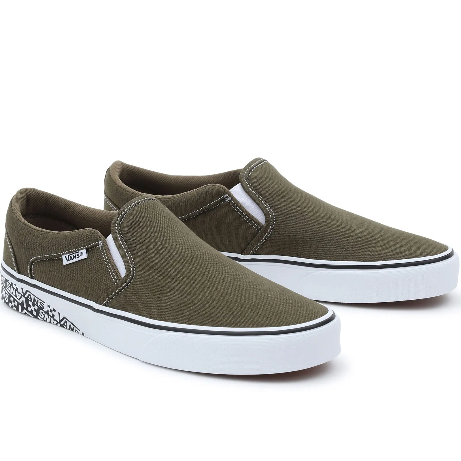 Vans Mens Asher Off The Wall Logo Slip On Trainers - Olive