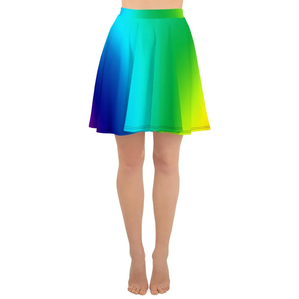 Vibrant Rainbow Skater Skirt, Designer Colorful Rainbow Ombre Print Women's Skater Skirt- Made in USA/EU