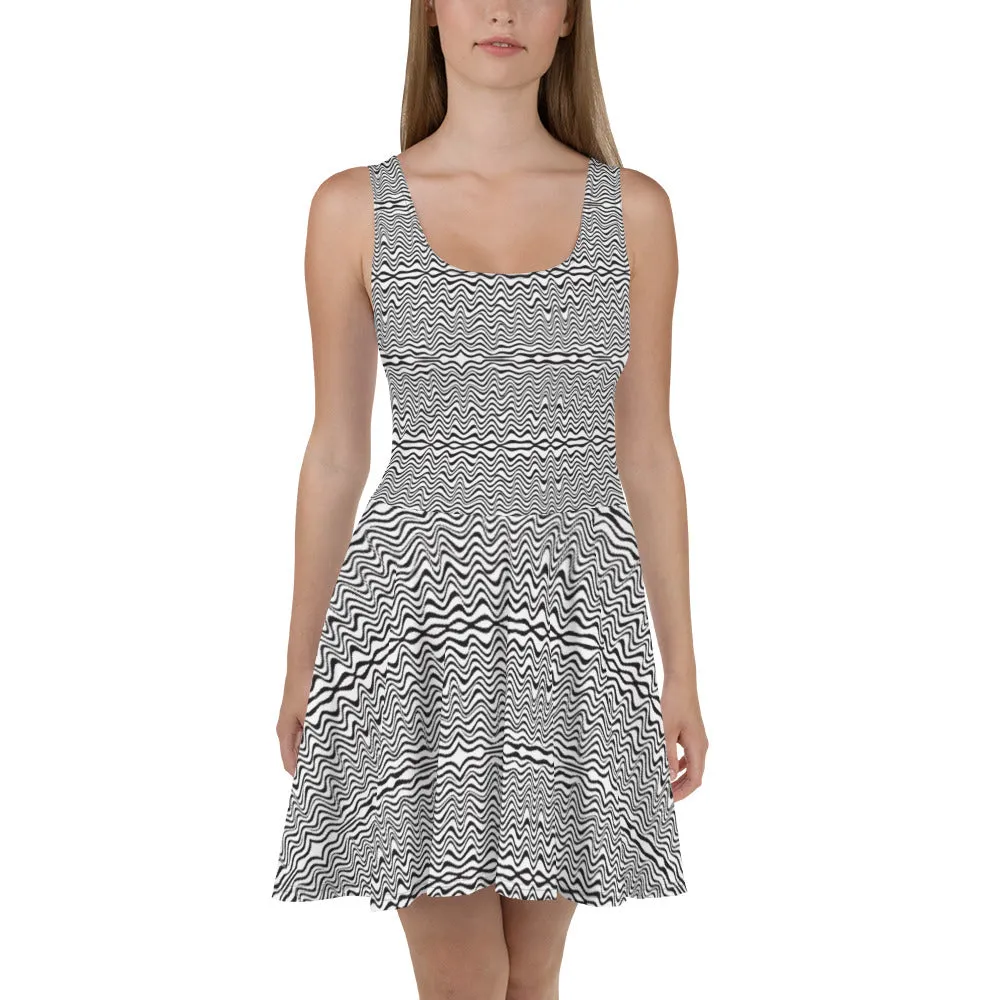 White Black Wavy Skater Dress, Abstract Colorful Waves Sleeveless Women's Dress-Made in USA/EU/MX