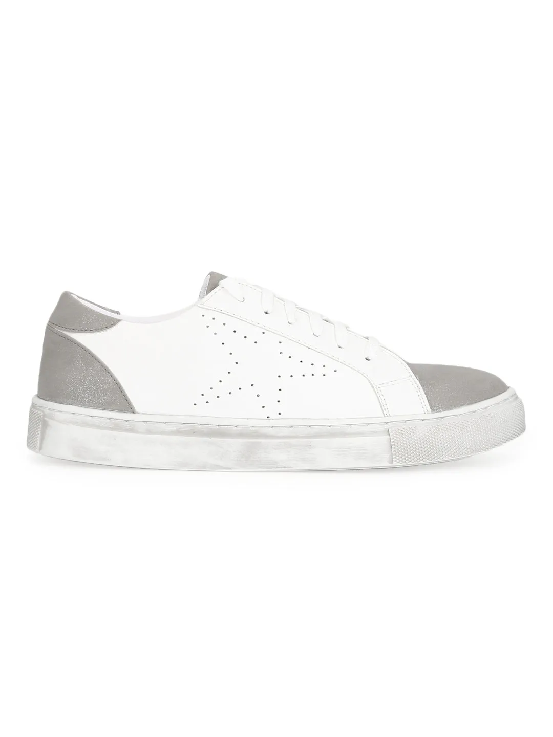 White Grey PU Flat Lace up Sneakers (TC-RLST12-WHT)