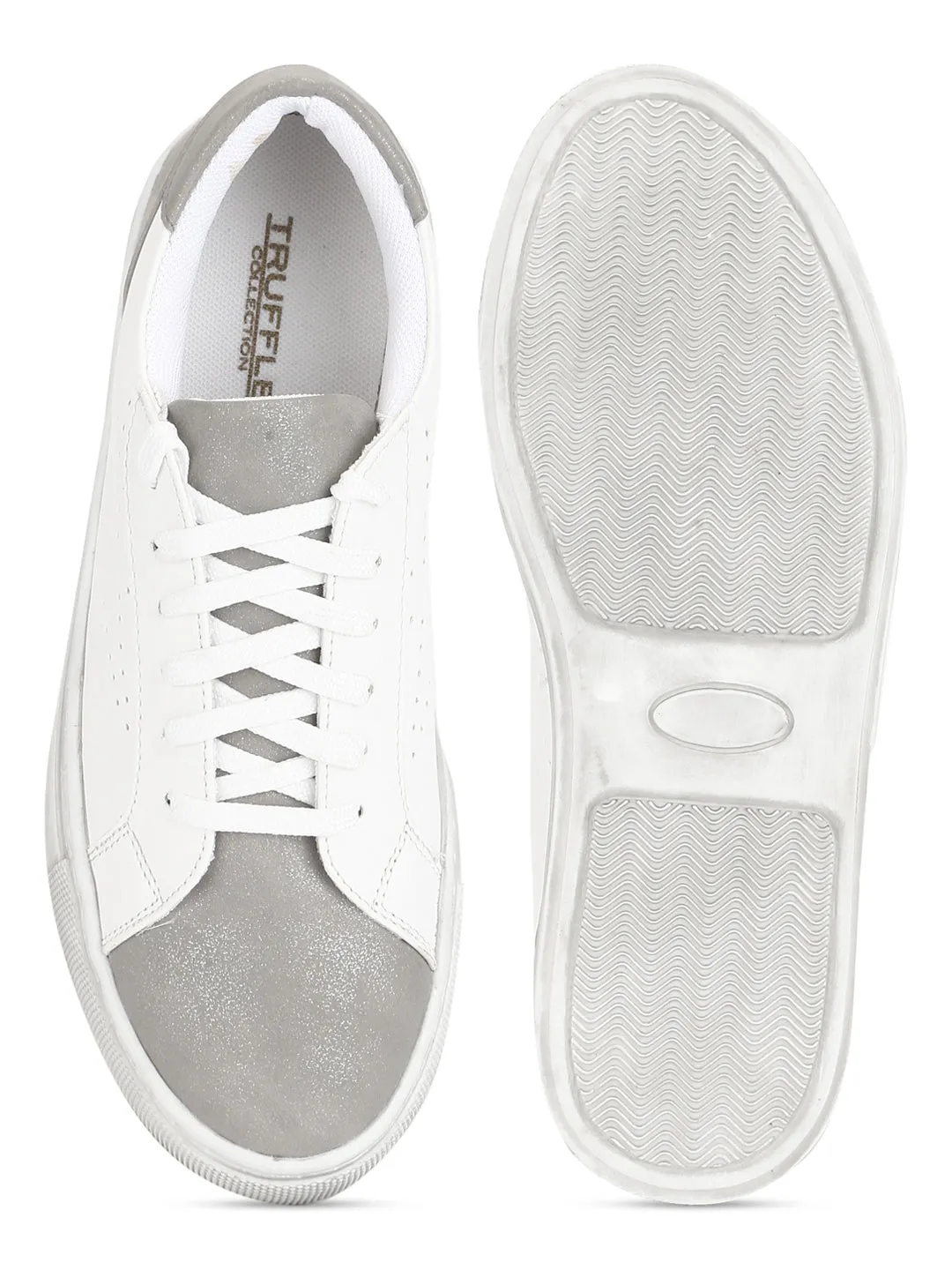 White Grey PU Flat Lace up Sneakers (TC-RLST12-WHT)