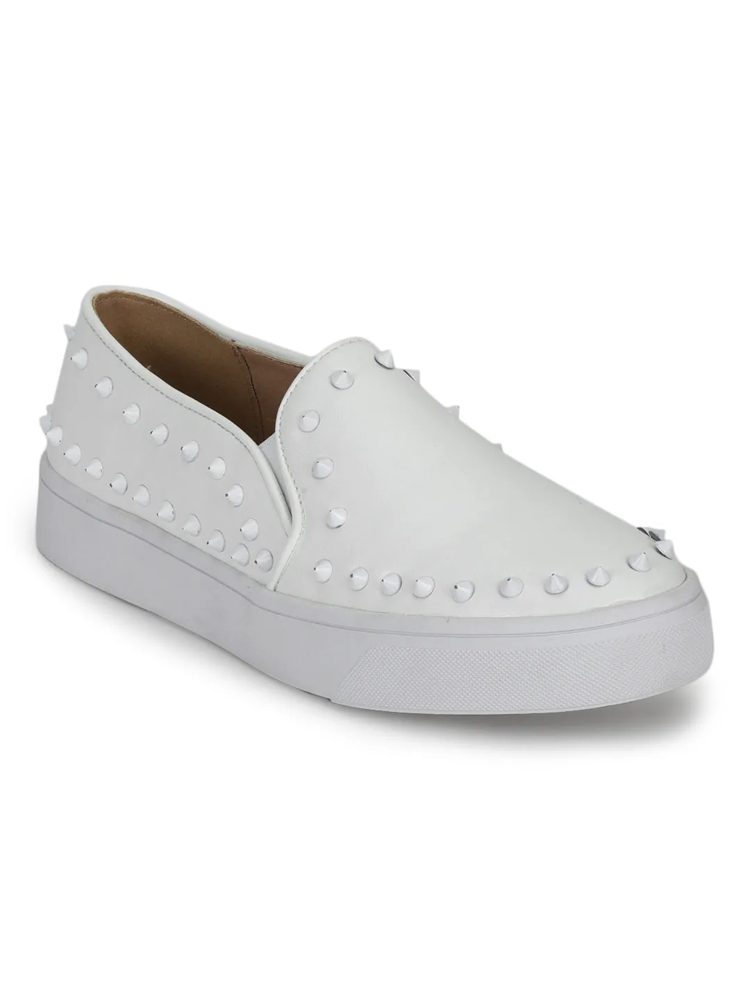 White PU Studded Slip-On Loafers