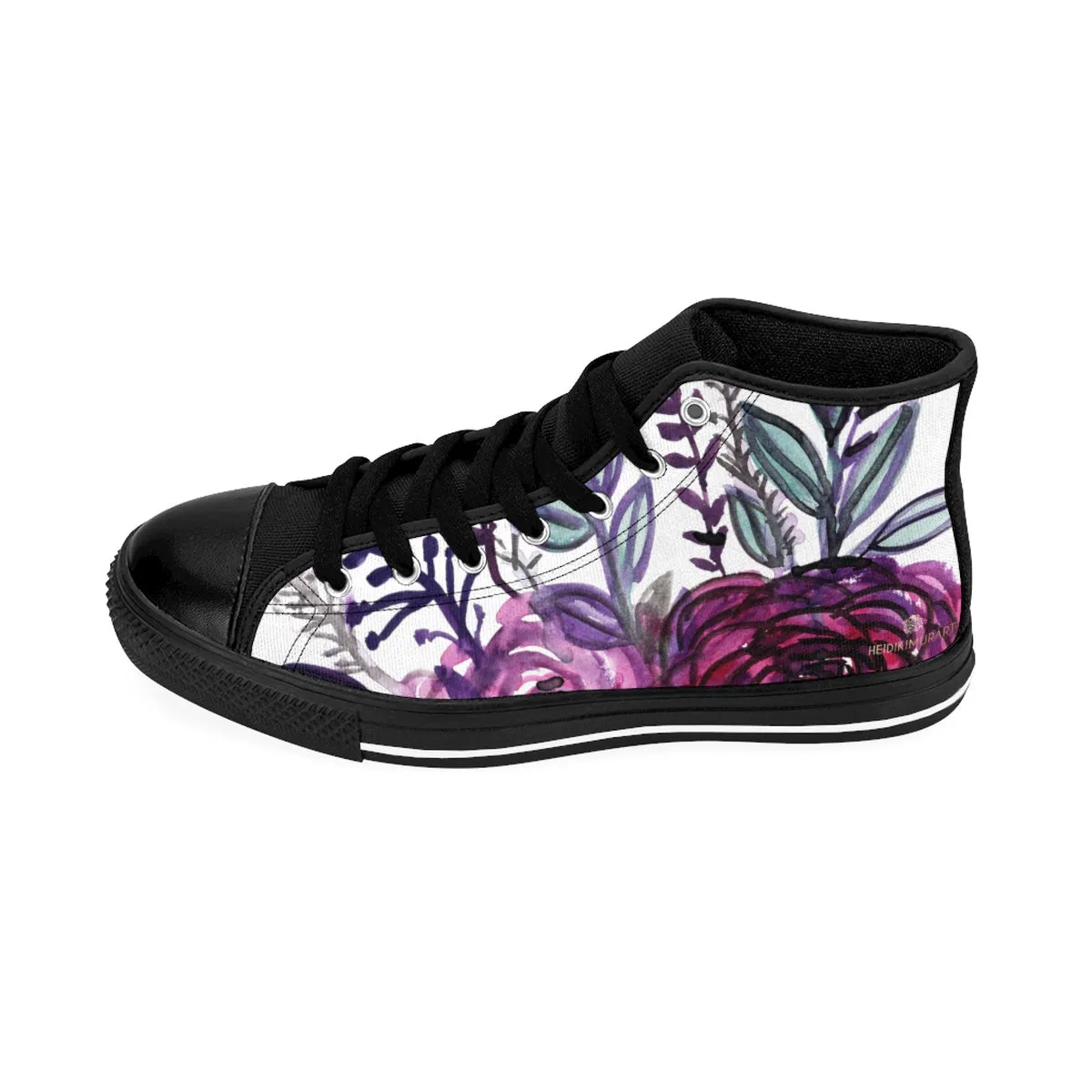 White Purple Rose Men's High Tops, Floral Print Designer High-top Sneakers Tennis Shoes