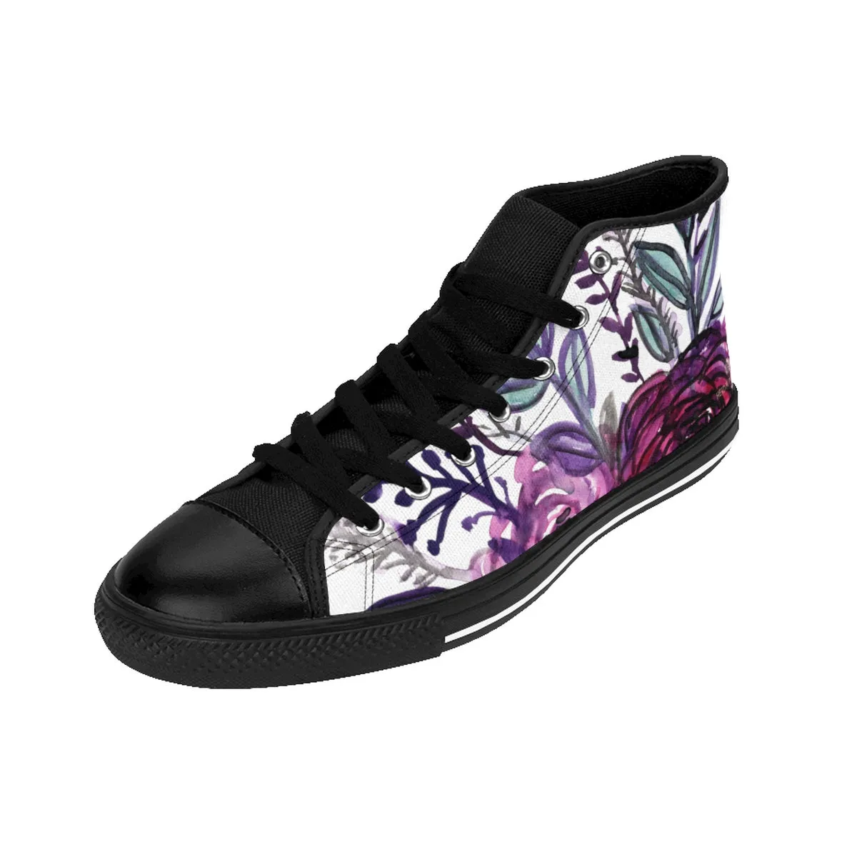 White Purple Rose Men's High Tops, Floral Print Designer High-top Sneakers Tennis Shoes