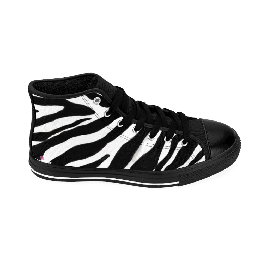 White Zebra Men's High Tops, Zebra Striped Animal Print Men's Classic Sneakers Running Fashion Canvas Shoes