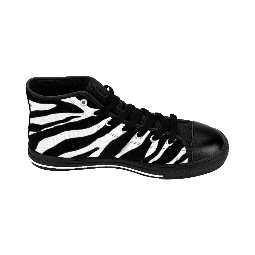 White Zebra Men's High Tops, Zebra Striped Animal Print Men's Classic Sneakers Running Fashion Canvas Shoes