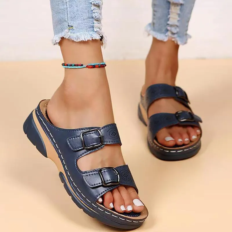 Women Closed Toe Summer Shoes New Comfort Double Buckle Wedge Ladies Sandals Plus Size Platform Casual Slippers Women