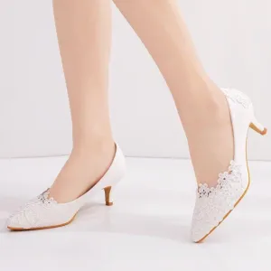 Women kitten white lace flower pointed toe wedding heels