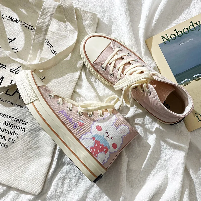 Womens Cute Pink Rabbit Print High Top Canvas Sneakers